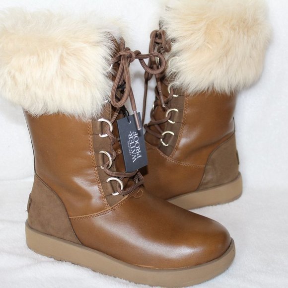 NEW UGG AYA WATERPROOF LEATHER TALL BOOTS CHESTNUT - Picture 2 of 8